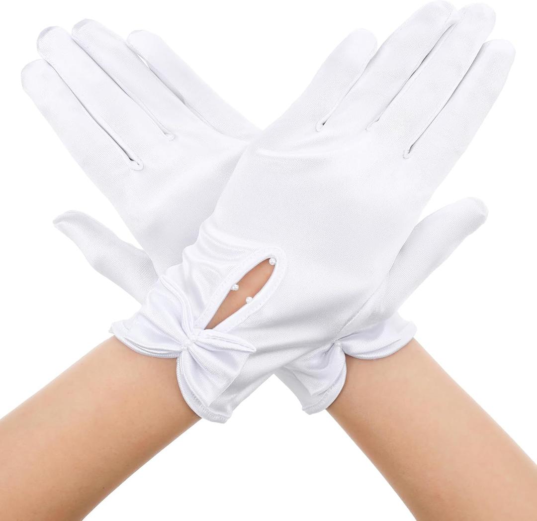 White Dress Gloves Short Satin Wrist Length Gloves for Women Elegant Bow Pearl Tea Party Glove Banquet Opera Bridal Wedding Evening Glove (White)