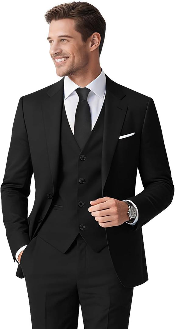 Men's Stretch Slim Fit 5-Piece Suit Set with Blazer, Vest, Pants, Bow Tie, Necktie and Pocket Square (36R, Black)