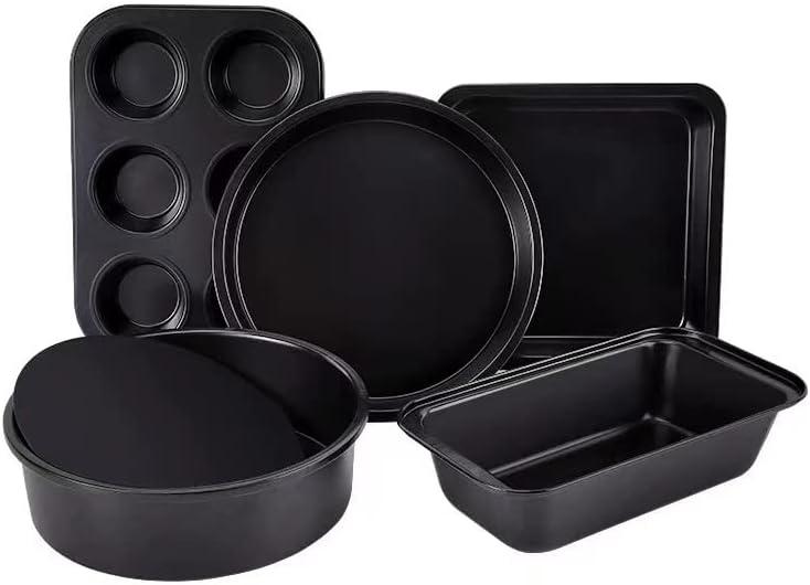 Baking Pans Set 5-Piece Toaster Oven Pans Bakeware Cooking Includes Nonstick Cake Pans/Loaf Pan/Cupcake Pan/Pizza Pan/Cookie Pan, Carbon Steel Baking Pan Set,Black