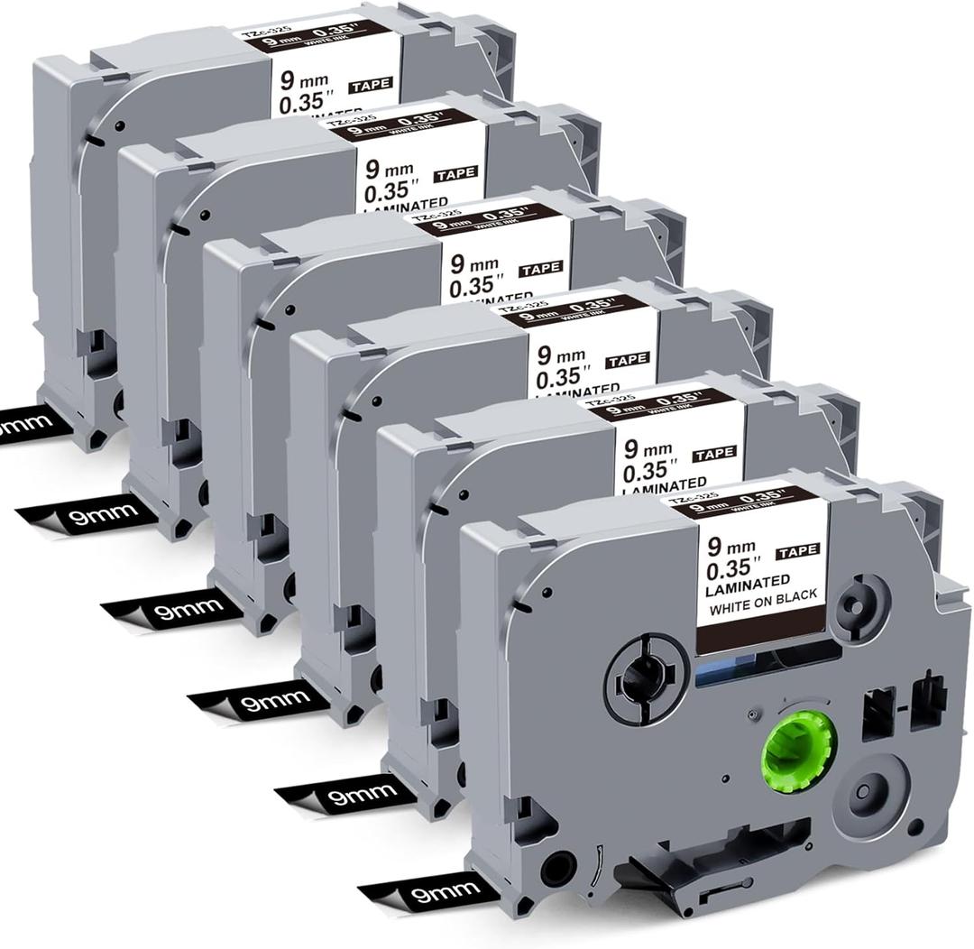 9mm 0.35" Laminated Black Label Tape Relpacement for Brother P-Touch TZe-325 Compatible with Brother P Touch Label Maker PT-H110 PT-D202 PT-D210, Black on White, 3/8 Inch x 26.2 Feet, 6 Pack