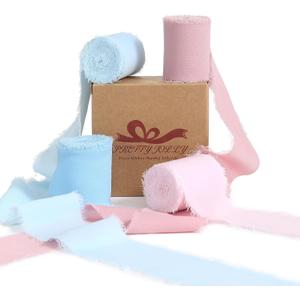 Pretty Jolly Blue Pink Chiffon Ribbon for Gift Wrapping 4 Rolls 2 Inch x 5Yd Silk Ribbons Handmade Fringe Fabric Ribbon for Flower Bouquet,Wedding Invitations,DIY Crafts and Hair Bows