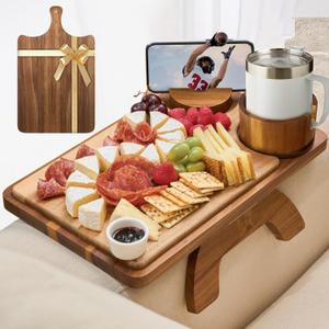Acacia Wood Couch Arm Table Tray with Charcuterie Board with Phone Holder, Cup Slot & Folding for Wide/Narrow Recliners, Snack Table for Small Spaces TV Entertaining (Natural Wood)