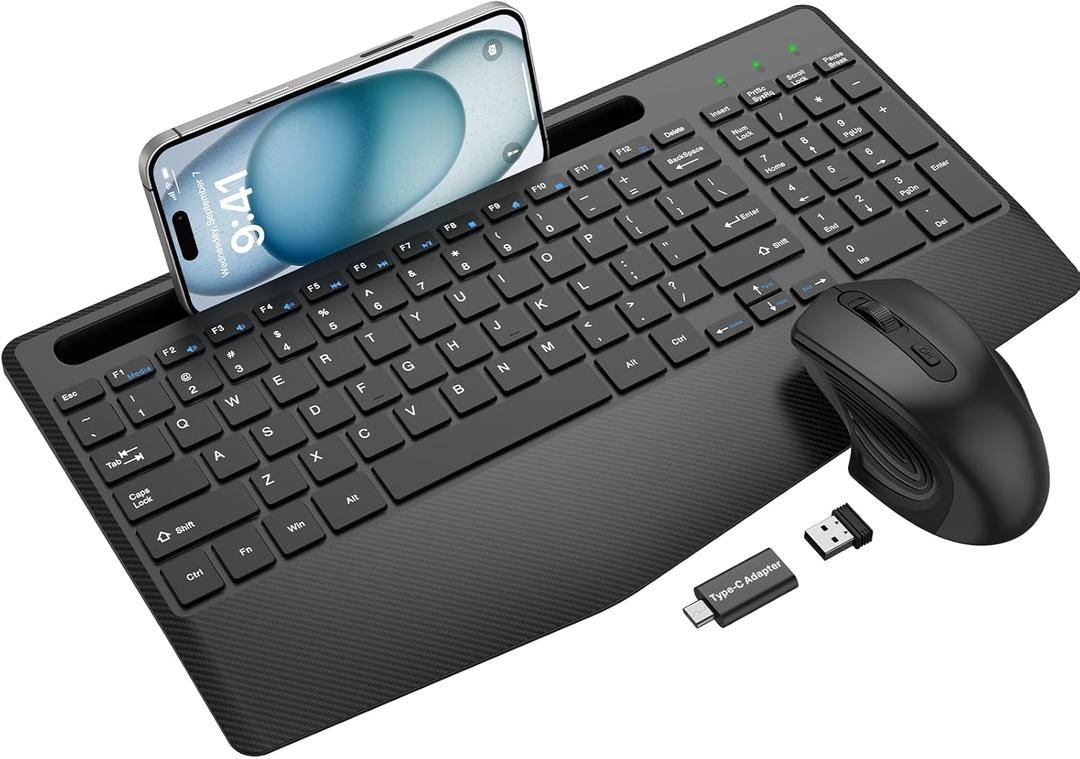 Wireless Keyboard and Mouse Combo, Ergonomic Keyboard with Wrist Rest, Phone Holder, Sleep Mode, 2.4G Lag-Free Rechargeable Silent Cordless Keyboard Mouse Set for Windows, Mac, Laptop, PC (Black)