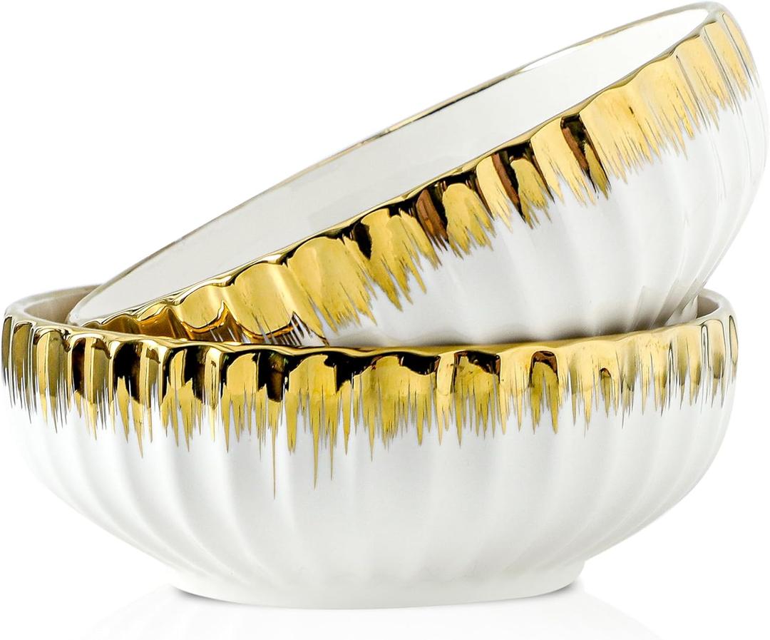 LETAOTAO Serving Bowls, 8 inch Large Salad Bowls, Ceramic Bowl Set of 2 White Bowl with Gold Trim, Kitchen Decorative Bowls Set for Kitchen, Salad, Soup, Pasta and Dinner(60 oz) (white and gold-01)