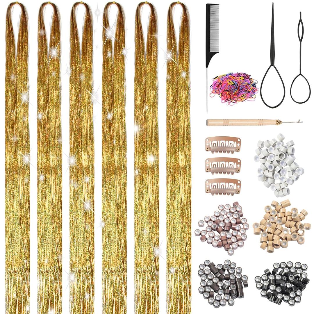Hair Tinsel, Gold Hair Tinsel Kit for Girls, 1800 Strands