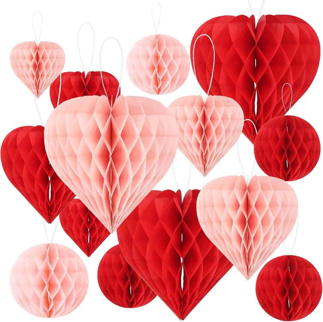 Heart Honeycomb Ball Valentine's Day Party Decoration 16Pcs Red Pink Heart Shaped Tissue Paper Pom Poms Valentine Hanging Decoration for Valentine's Day Engagement Wedding Bridal Shower Party Supplies