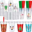 Zhehao 50 Set Christmas Plastic Cups Bulk 16 oz Clear Disposable Christmas Cups with Lids and Straws Santa Snowman Xmas Tree for Party Beverages Juice Coffee Drinks