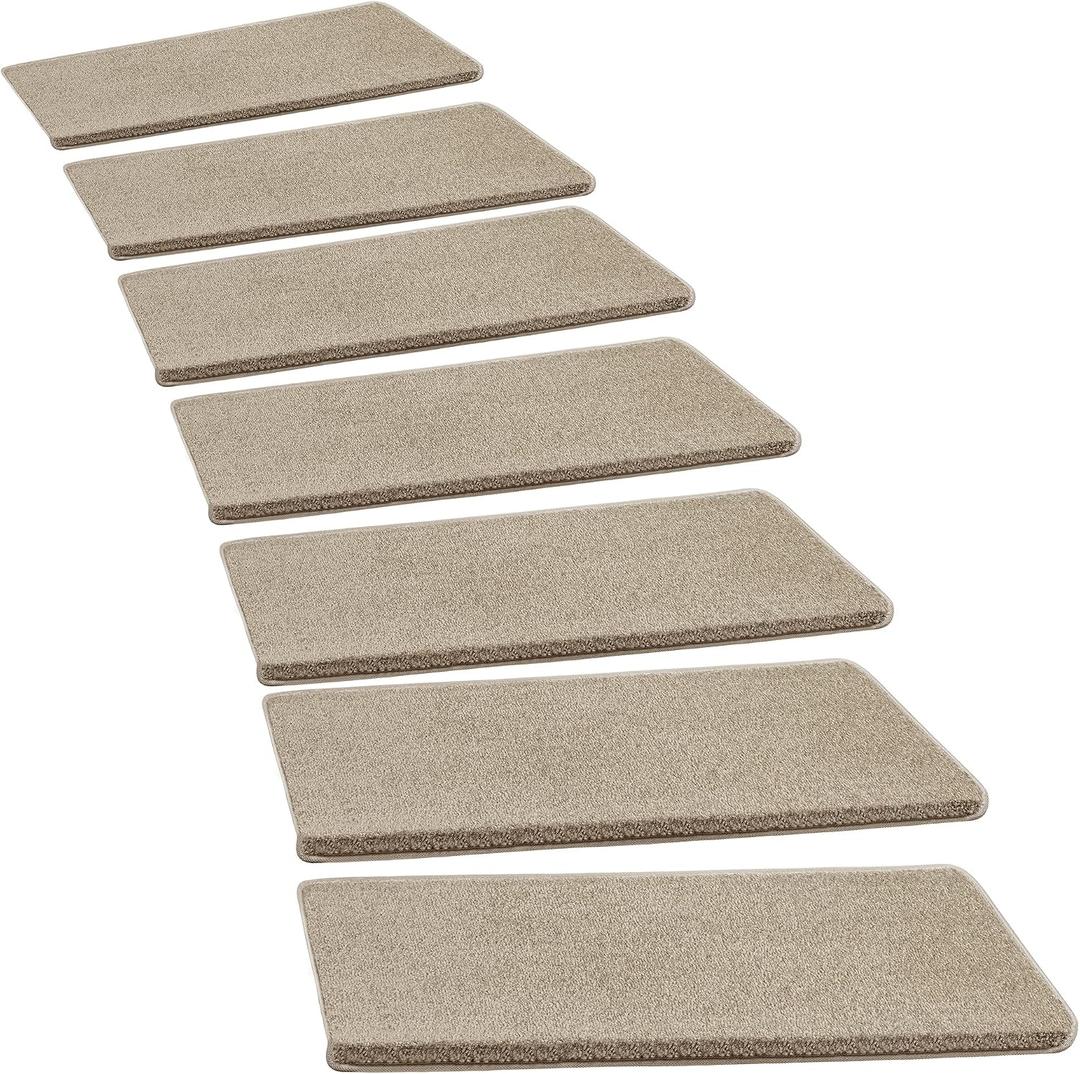PURE ERA Bullnose Carpet Stair Treads Set Tape Free Non-Slip Indoor Stair Protectors Pet Friendly Rugs Covers Soft Skid Resistant Washable Reusable 9.5" x 30"(2 Pieces,Cream Gray)