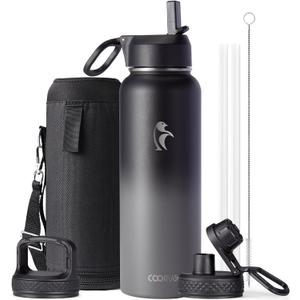 Water Bottle 40 oz Insulated with Straw&Brush, Coolflask Vaccum Stainless Steel Metal 3 Lids Water Flask for Sports, Gym or Office, Keep Cold 48H Hot 24H, Piano Night
