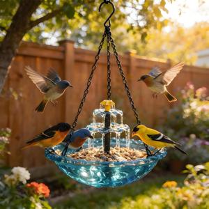 2026 New Hanging Solar Bird Bath Fountain,Hanging Bird Bath for Outside with Solar Fountain,Flowing Water Large Humming Birds Baths Fountains with Solar Pump & Glass Bowl, for Outdoor, Gardens (Blue)