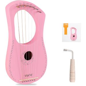 Lyre Harp VANPHY Lyre Harp 7 Strings Mahogany Body Metal String for Beginner Harps Classical Style Harp Instrument with Tuning Wrench Strings Gig Bag (Pink)