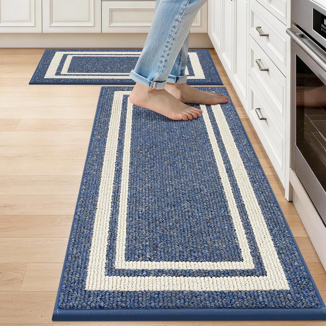 COSY HOMEER Kitchen Rugs Non-Slip 20x30/20x48 Inch Thick Polypropylene Standing Mat for Home Machine Washable, Bule Frame (Blue White)