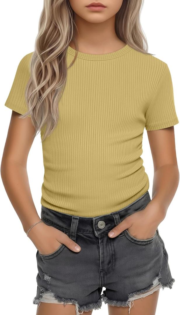 Girls Short Sleeve Slim Fit Ribbed Top | Crewneck Shirt, Round Neck, Knit, Cute, Casual, Tight, Basic, Solid, Plain, Summer, Layer, Comfortable, Versatile, Breathable (Yellow)