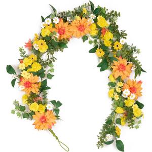 GENMOUS Artificial Dahlia Daisy Flower Garland Decor, 5.3Ft Spring/Summer Fall Garland Floral Garlands for Indoor Outdoor Home Wedding Arch Porch Stair Backdrop Year Round Decor (Yellow Orange)