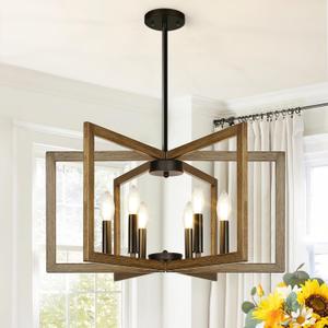 25" Retro Wood Texture Chandelier for Dining Room, No Assembly Required Dining Room Light Fixture Over Table, Industrial Metal Hanging Pendant Lights Fixture for Kitchen Island, Entryway, Foyer