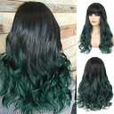 Dai Cloud Black Green Wigs With Bangs for Women Long Wavy Curly Hair Wig Dark Roots Wigs for Women Cosplay Party Daily Use