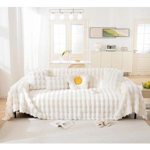 Soft Warm Faux Fur Sofa Cover Thick Shaggy Fuzzy Sectional Couch Cover Plush Fluffy Blanket Cover for Couch Sofa Bed(White,71" x 134")