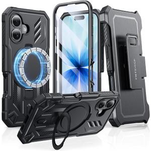 FNTCASE for iPhone 17 Phone Case: Magnetic Stand Case with Built-in Screen Protector Compatible with Magsafe & Belt-Clip Holster Ring Kickstand Military Grade Drop Protective Cell Phone Cover (Black)