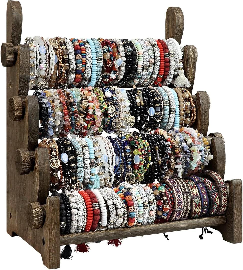 TOPNEW 4 Tier Wooden Bracelet Holder, Bangle Watch Necklace Display Storage Jewelry Holder Stand Display Organizer, Brown 4 Tier Wooden Bracelet Holder