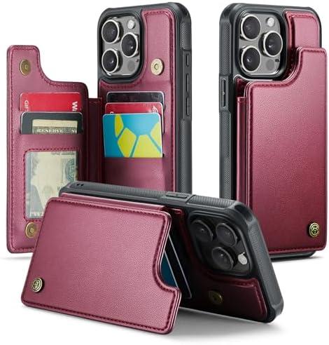 JEEHOOD Compatible with iPhone 14 Pro Max Wallet Case with Card Holder RFID Blocking for Women Men, Double Magnetic Clasp Kickstand Shockproof Phone Case Fit for iPhone 14 Pro Max, Red