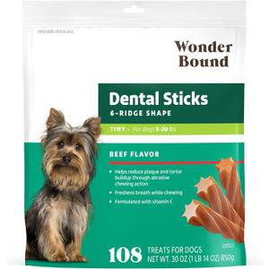 Wonder Bound Beef Flavor Dental Sticks for Tiny Dogs (5-20 lbs), 6-Ridge Shape for Plaque & Tartar Control, Freshens Breath, Formulated with Vitamin C, 108 Count, Best By 03 MAY 2027