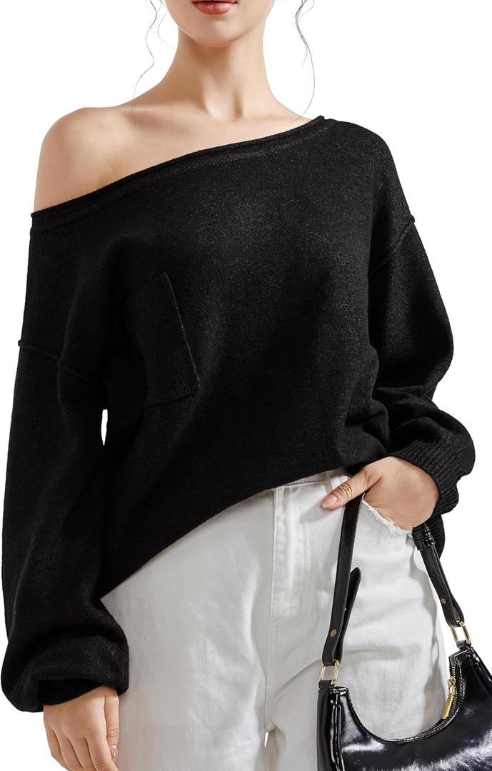 SUUKSESS Women Off The Shoulder Spring Sweaters Long Sleeve Boat Neck Oversized Pullover Sweater Tops (Small, Black)