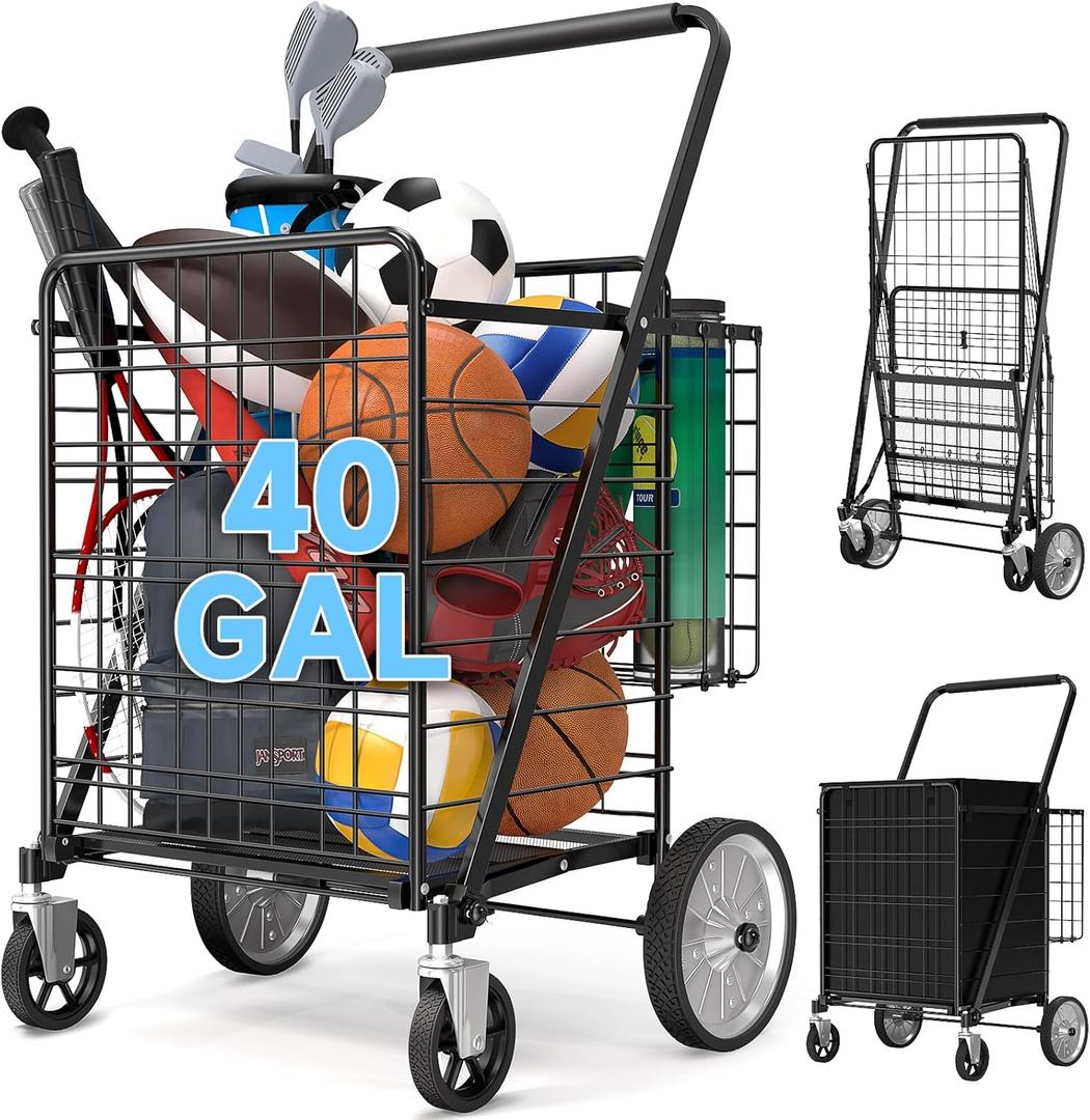 40 GAL Shopping Cart for Groceries - 360 Swivel Big Strong Wheels, 450 lbs Capacity, Foldable With Basket & Liner - Heavy Duty Utility Cart for Laundry