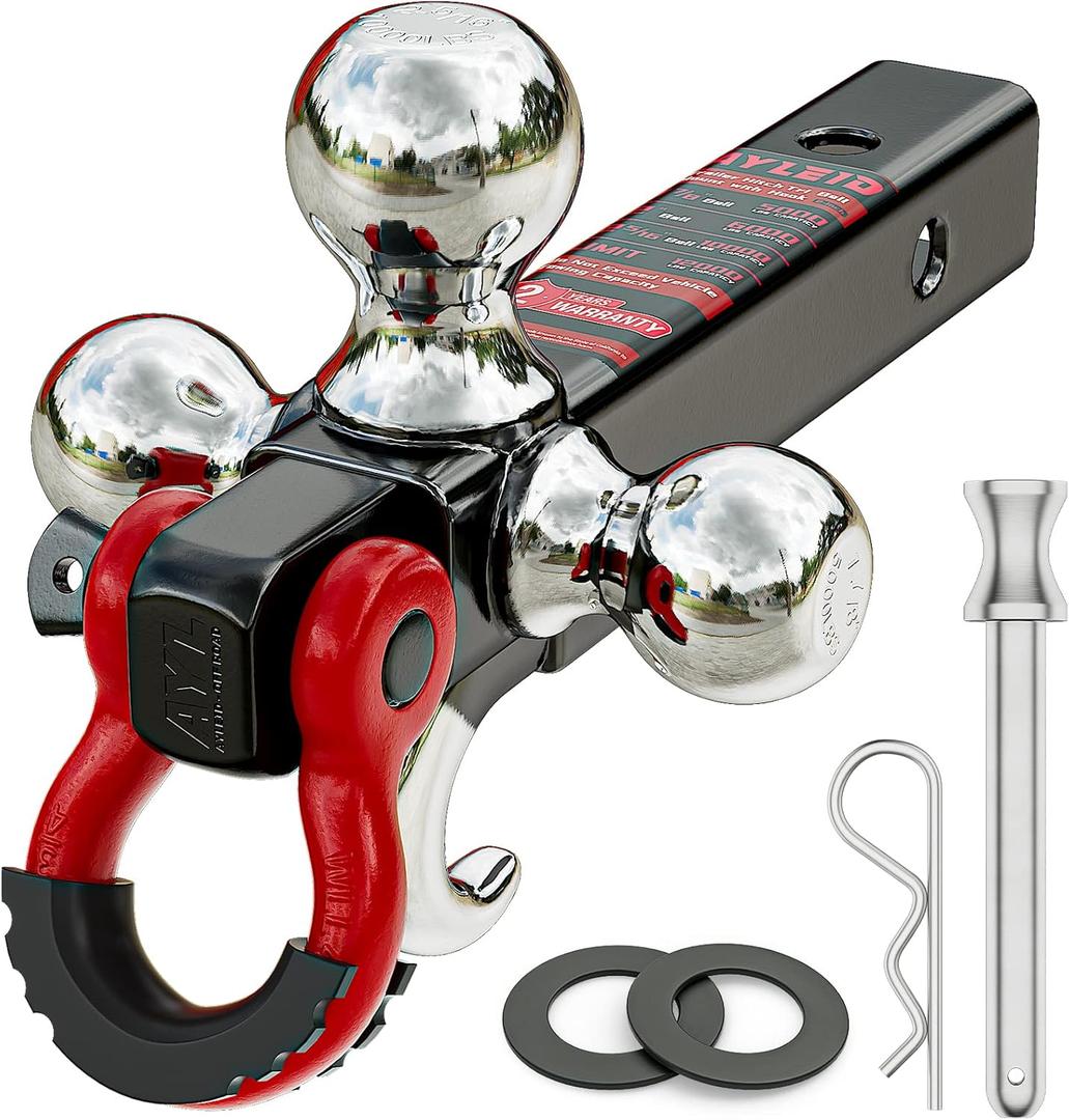 Ayleid Trailer Hitch Tri-Ball Mount with Hook&Pin&Rotatable Tow Shackle,Fits 2-in Receiver with 1-7/8-in,2-in,2-5/16-in Hitch Ball
