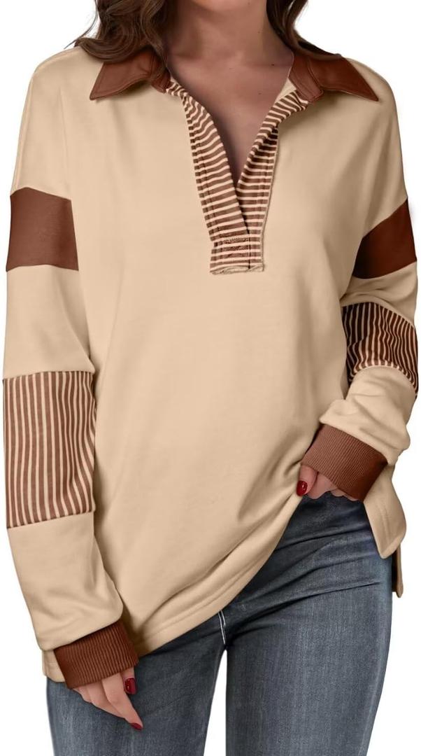 BLENCOT Women's Casual Striped Half Zip Up Drop Shoulder Sweatshirt Oversized Long Sleeve Pullover Tops with Pockets (Beige)