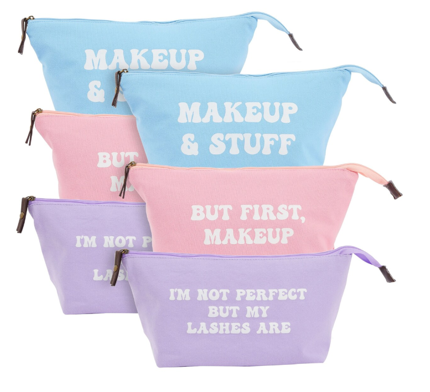 6 Pack Small Cosmetic Canvas Makeup Bags for Women with Zipper, 3 Colors and Designs (8 x 4 x 6 In)