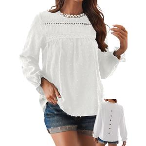 Womens Boho Tops Long Sleeve Shirts For Women Cute Crewneck Blouse Dressy Casual Swiss Dot Crochet Hollow Top 2026 (Large, White)