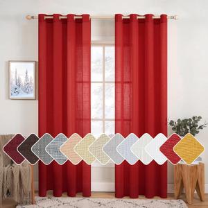 MIULEE 2-Panel 84 Inch Farmhouse Linen Sheer Window Curtains - Elegant Red Drapes With Grommet Top - Voile Panels, Linen Textured - Bedroom/Living Room (52 X 84 Inch)