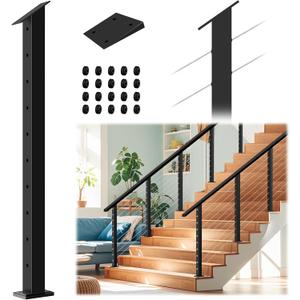 Stair Cable Railing Post 36"x2"x2", Slant Fixed Top Stainless Steel Black Stair Rail Post with Cable Grommets, 33 Drilled Stair Deck Post with 5-Degree Spacers Fit for 28-38 Degrees Stairway