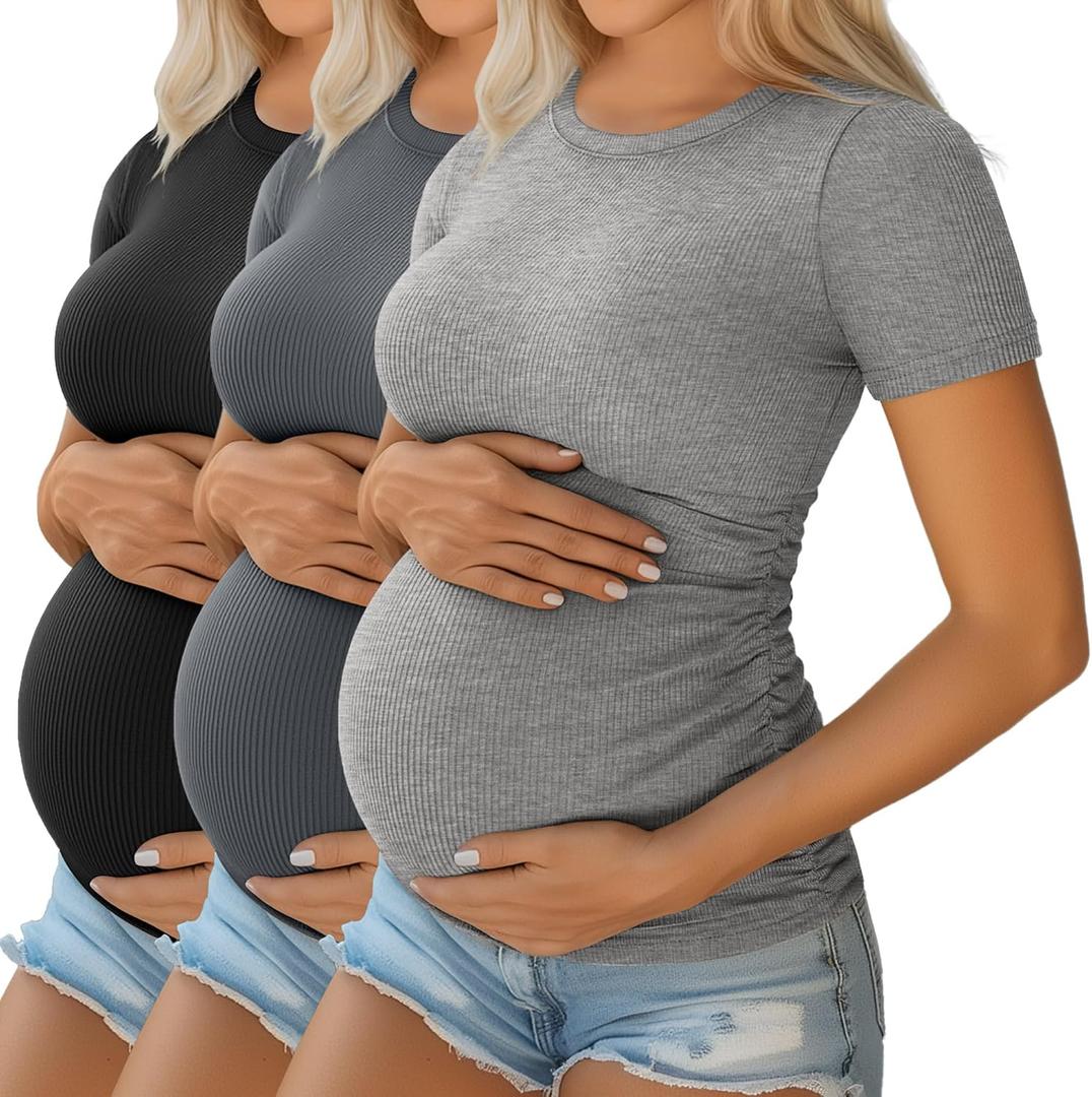 Ficerd 3 Pack Maternity Shirts for Women, Cotton Ribbed Pregnancy Tops Short Sleeve Side Ruched Summer Casual Mama Clothes (M)