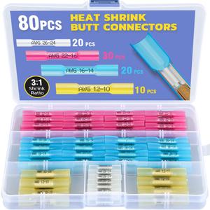 haisstronica 80PCS Heat Shrink Butt Connectors,AWG 26-10 Marine Grade Heat Shrink Wire Connectors,Tinned Red Copper Waterproof Wire Connectors(4Colors/4Sizes)