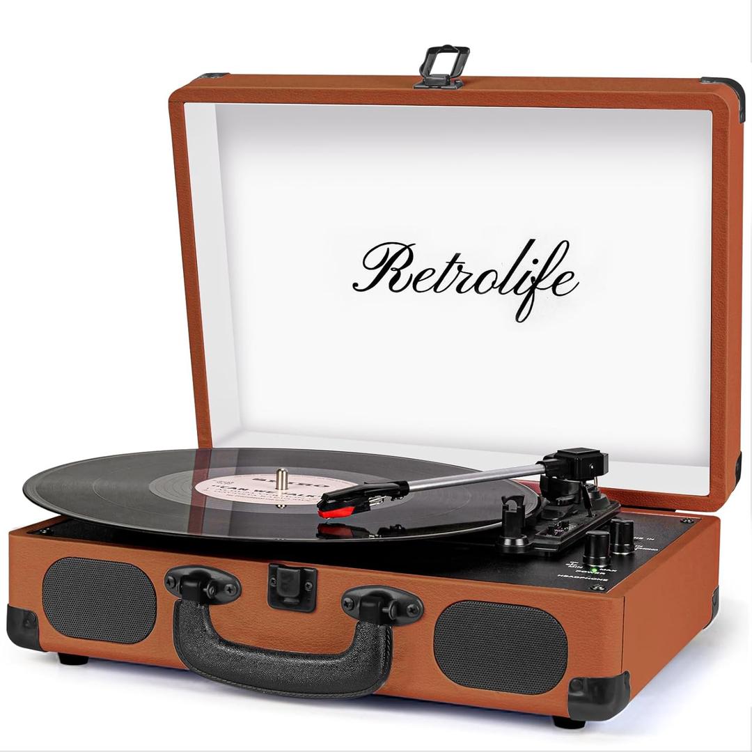 Vinyl Record Player 3-Speed Bluetooth Suitcase Portable Belt-Driven Record Player with Built-in Speakers RCA Line Out AUX in Headphone Jack Vintage Turntable Brown