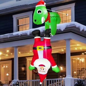 6FT Hanging Christmas Inflatables Decorations, Dinosaur Holding Santa Claus from Window, Built-in LED Lights, Funny Xmas Decor for Outdoor Beam Roof Tree Indoor Home Party