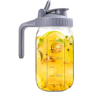 Mason Jar Pitcher, 32 OZ Glass Pitcher with Lid Double Leak-proof with Handle Water Jug Wide Mouth Breast Milk Pitcher Fridge Container for Water, Juice, Iced Coffee, Tea, Juice - Grey