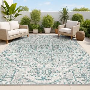 JONATHAN Y Boho Medallion Indoor Outdoor Area Rug 5X8 Teal/Gray, Estrella Textured Weave for Backyard, Patio, Porch, Easy-Cleaning, High Traffic, Pet-Friendly, Non-Shedding (SMB105C-5) (5'3" x 7'7" (Rectangular))