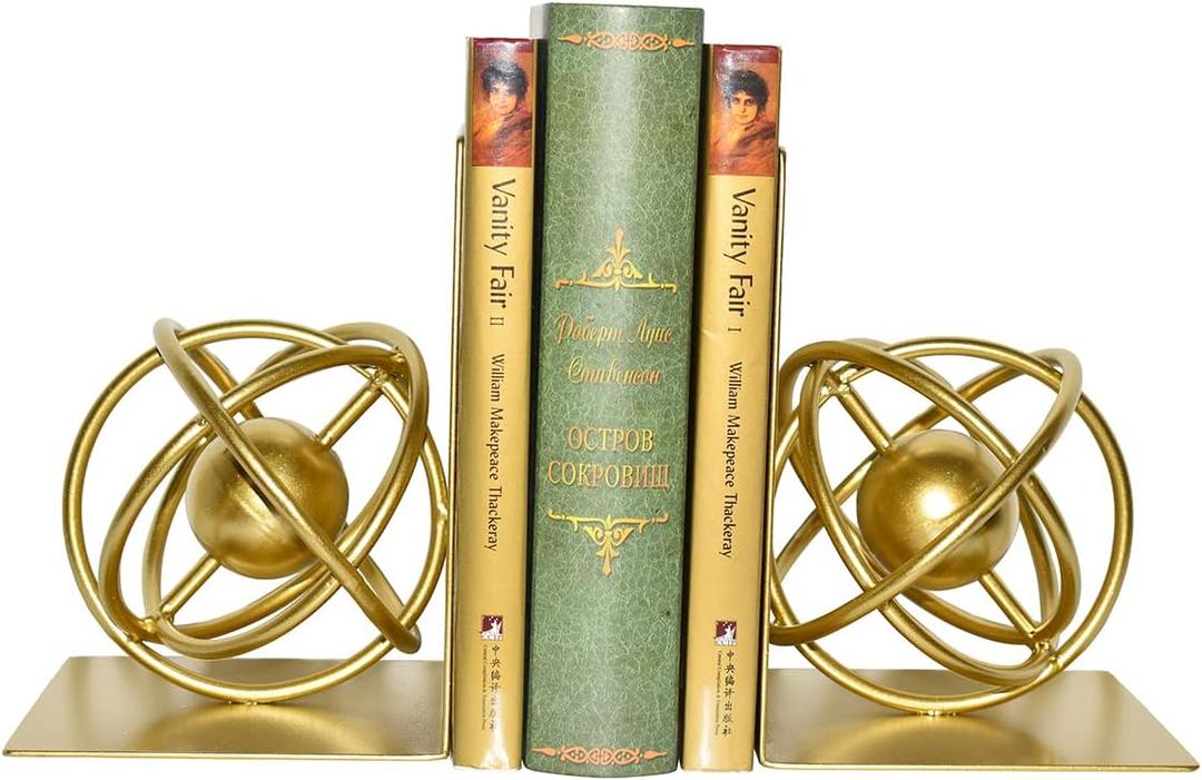 Book Ends Decorative, Modern Metal Unique Gold Bookends for Shelves, Round Design Bookend Book Stopper Holder for Home Office