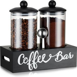 Yangbaga Glass Sugar Coffee Canister for Ground Coffee,255OZ Coffee Containers with Handle Shelf Coffee Bar Station Accessories Organizer Decor,Food Storage Jars with Iron Scoop for Kitchen