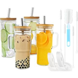 Glass Cups with Bamboo Lids and Straws,24oz Tumbler With Handle,4 Pack Mason Jar with Lid and Straw-Wide Mouth Reusable Drinking Glasses,Boba Cup Smoothie Tumbler Iced Coffee Cup Travel Mug