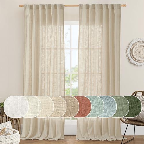 LAMIT Natural Linen Curtains 90 Inch for Living Room, Back Tab and Rod Pocket Linen Textured Sheer Curtains Light Filtering Curtains for Bedroom/French Door, Set of 2, 52 x 90 Inch, Linen