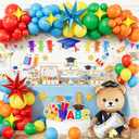 140pcs Kindergarten Graduation Party Decorations Kit Rainbow Balloon Garland Arch with Bear Foil Balloon, Star Balloons & Graduation Backdrop Banner for Kids Preschool Grad Party Supplies