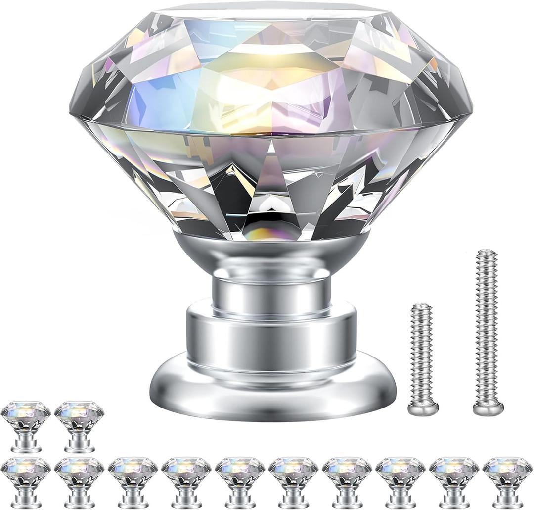 POZEAN Crystal Cabinet Knobs 12Pack, 1.18inch Dresser Knobs for Cabinet, Drawer with Two Different Sizes Screws, Diamond Glass Pulls Handles (30mm, 12Pack, Clear-Silver)
