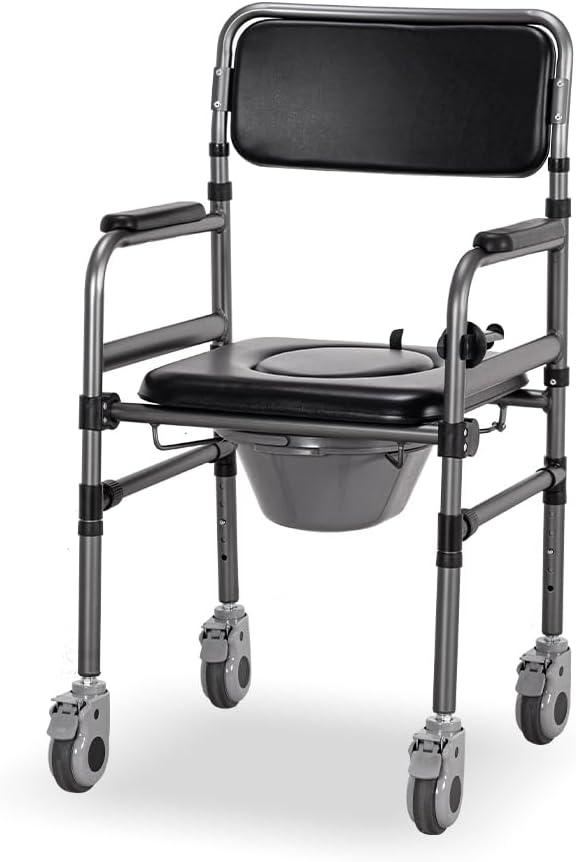 Bedside Commode Chair Foldable Height-Adjustable Toilet Chair with PU Seat 3" Locking Wheels,400lbs Capacity, 22.8-40.6" Adjustable Foldable Shower Chair (Toilet-Round)