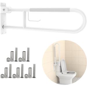 Toilet Grab Bar 30.3 Inch, YuanDe White Anti-Slip Support Rail, U Shaped Flip-Up Grab Bar with Paper Holder, Stainless Steel Knurled Handicap Safety Handrails for Disabled Elderly Pregnant
