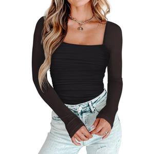 PINKMSTYLE Womens Square Neck Mesh Long Sleeve Bodysuit Shapewear Corset Tops Sexy Concert Outfits Party Shirts (Large, Black)