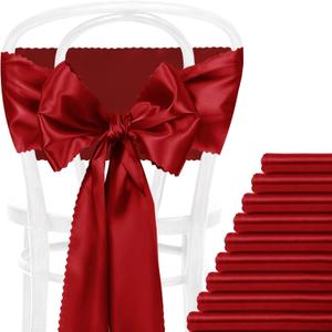 12 Pcs Red Satin Chair Sashes, 7x108 inch Chair Bows & Ties for Wedding, Party, Banquet, Restaurant, Hotel Event Decorations