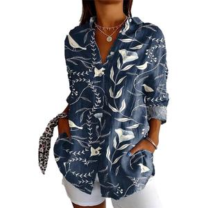 Womens Tops Long Sleeve Button Down Shirt with Floral Print, Hawaiian Blouse for Office, Beach, Vacation (XXL)